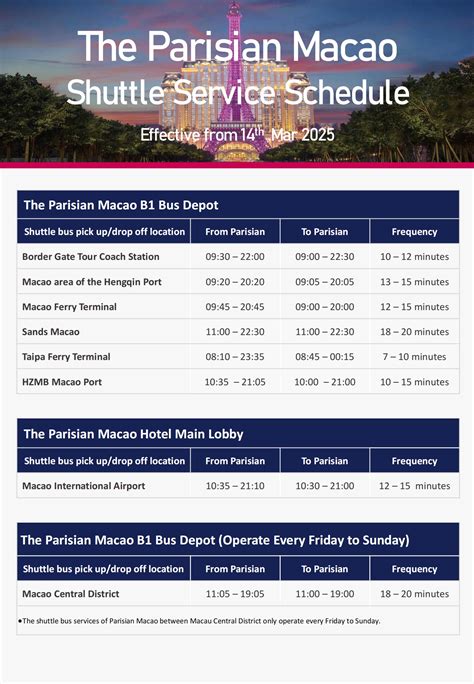 Schedules of The Parisian Shuttle Bus Services.